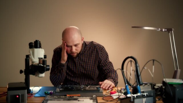 Repair Technician Inspecting and Fixing Open Laptop at Workbench