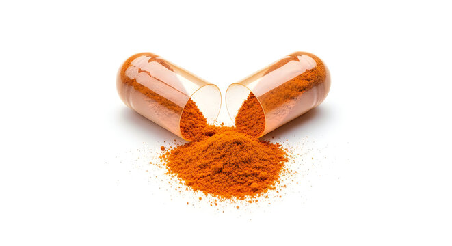 Open capsule spilling turmeric powder on clean surface