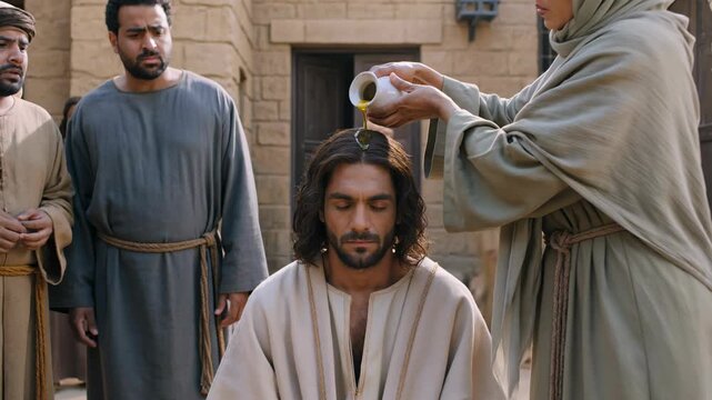 A scene inspired by the Gospel of Mark, in which a woman of faith honors Jesus by pouring pure nard oil during a gathering in Jerusalem in ancient times