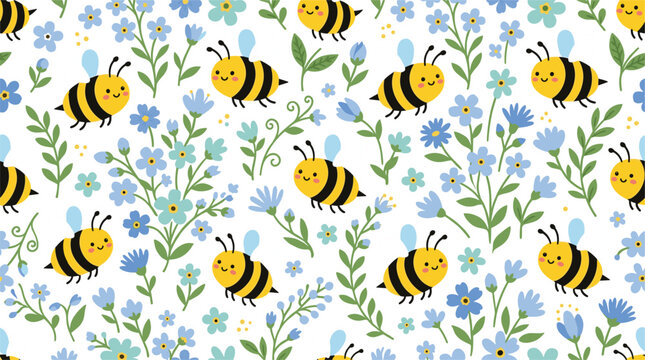 Cute cartoon bee and light blue forget me not flowers seamless pattern wallpaper vector