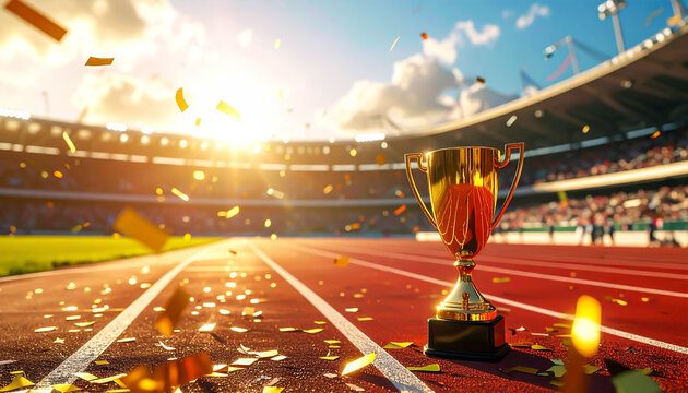 Goldener Siegerpokal auf Laufbahn im Stadion