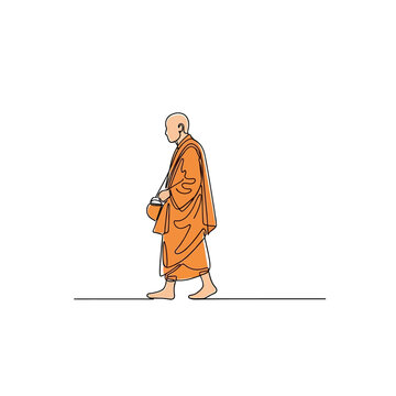 Continuous line drawing of a Buddhist monk walking in orange robes carrying an alms bowl.