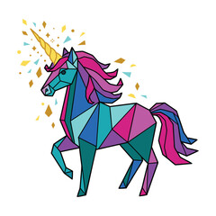 Colorful geometric unicorn illustration with magical sparkles isolated on white background. © Salis