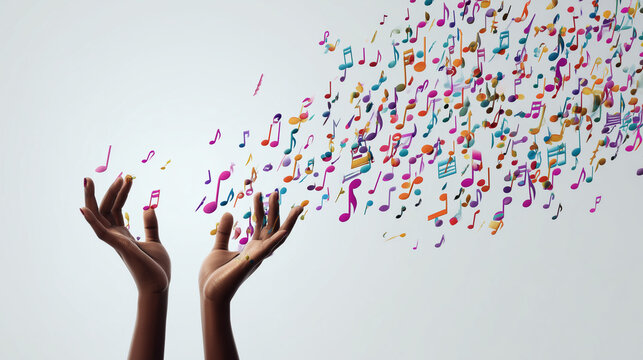 Hands releasing colorful music notes with surrounding empty space
