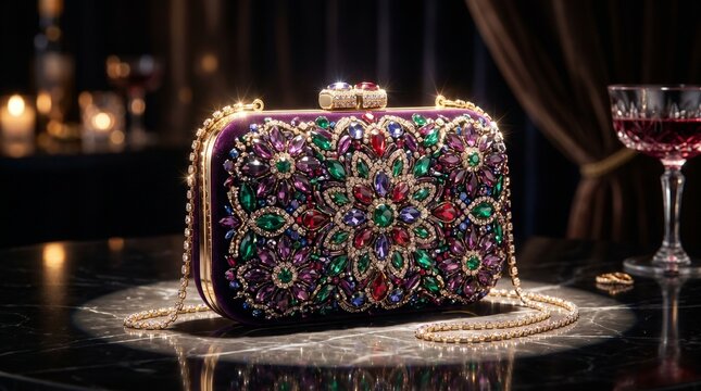 Luxury purple velvet evening clutch bag adorned with colorful crystals and a gold chain on marble