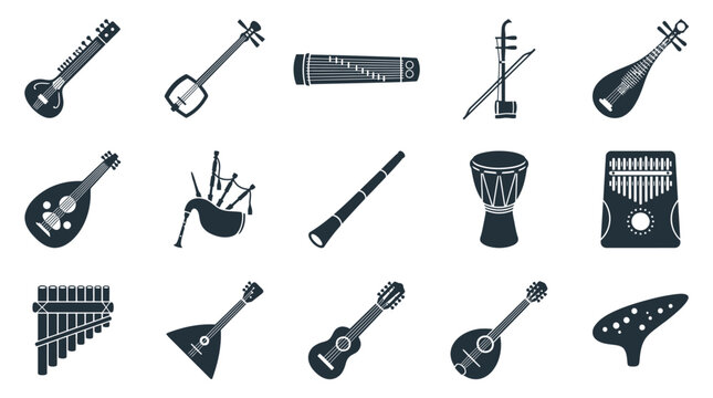 Collection of traditional and folk musical instruments icons set