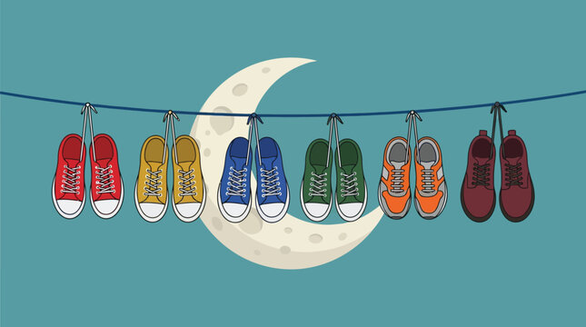 Colorful sneakers hanging on a clothesline against a crescent moon background vector illustration for creative design