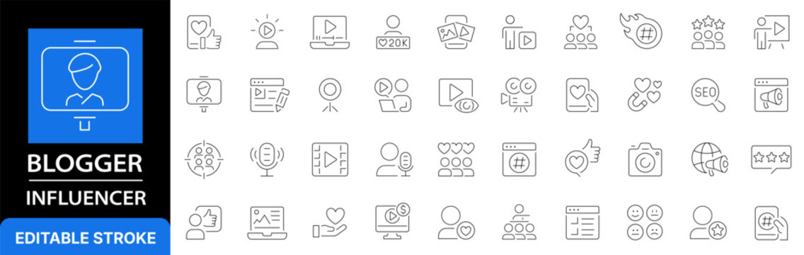 Influencer web icons .Blogger and social media influencer line icon set. Content creation, video streaming, podcast recording and viral marketing outline symbols. Editable stroke.