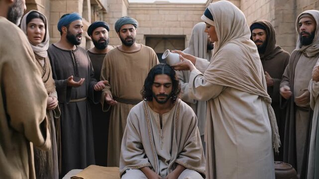 A scene inspired by the Gospel of Mark, in which a woman of faith honors Jesus by pouring pure nard oil during a gathering in Jerusalem in ancient times