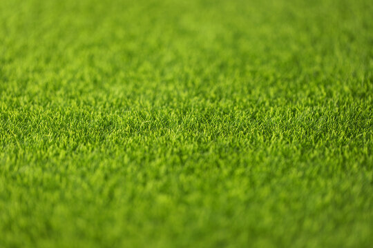 Close-up of plastic blades of artificial grass on a playground