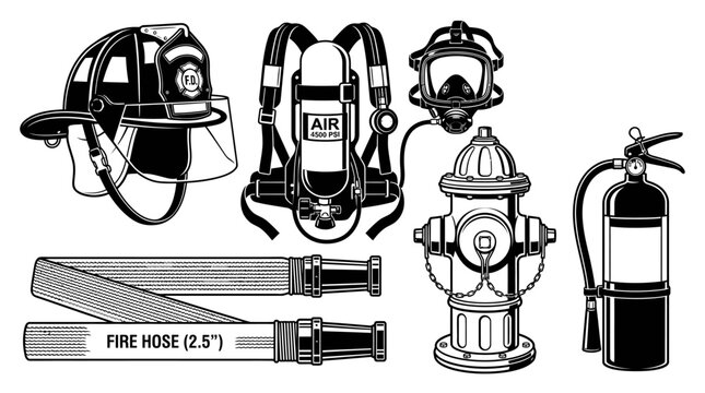 Set of black and white firefighter equipment and safety gear illustrations.