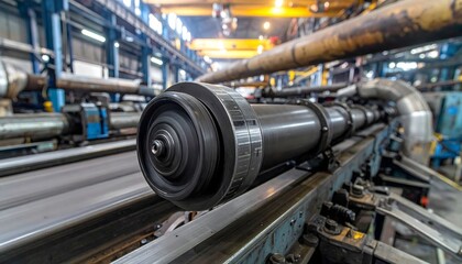 Fototapeta premium Industrial Steel Rolling Mill Process Featuring Heavy Duty Machinery and Conveyor Belt System in a Manufacturing Plant