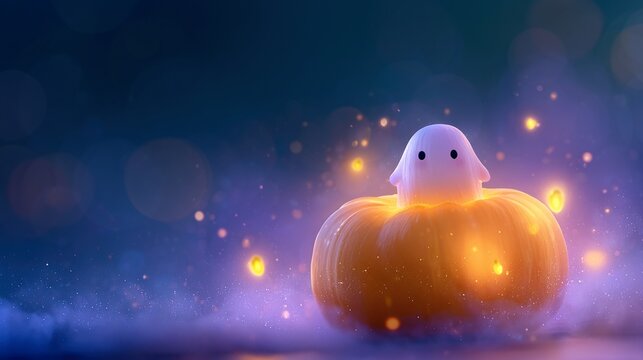 Whimsical 3D illustration of tiny, friendly ghost peeking out from giant, glowing orange pumpkin situated under twilight night canopy