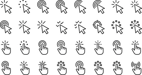 Fototapeta premium Computer mouse cursor pointer arrow and touch hand icons set black outline interactive click signs vector illustration