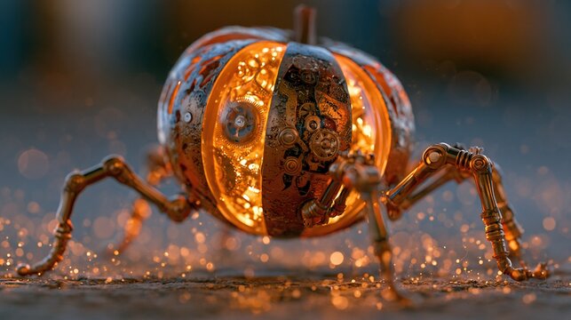Whimsical 3D illustration of steampunk clockwork pumpkin spider, glowing internal gears set in mystical forest landscape