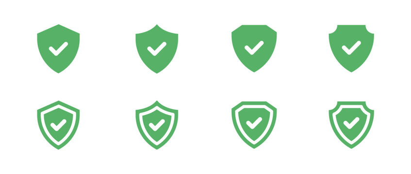 Set of green shield icons with checkmark symbol