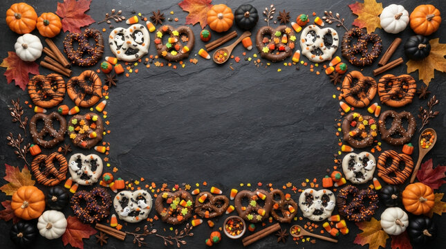 Halloween background with decorative pumpkins and pretzels arranged as a frame on dark wooden surface