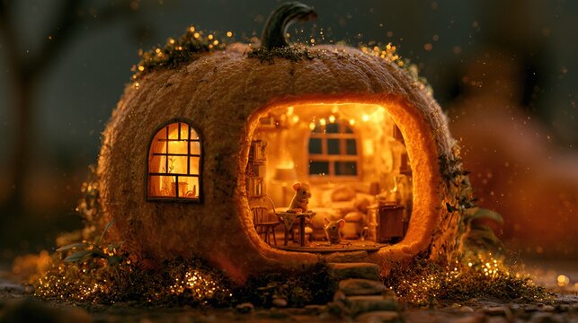 Macro 3D illustration of tiny mouse house built inside glowing carved pumpkin, miniature furniture positioned in enchanted garden clearing
