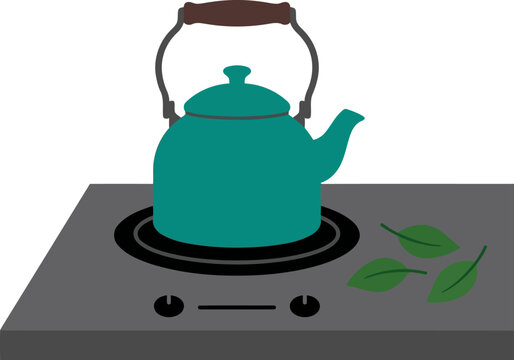 Teal kettle on a stovetop with green leaves
