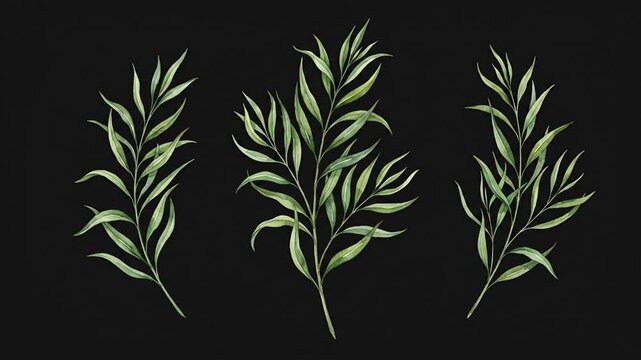 Three green watercolor leafy branches isolated on black background.