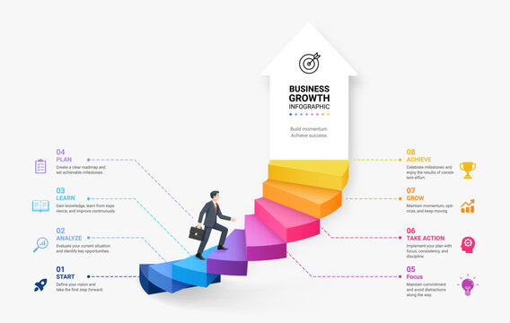 Business growth infographic template with cartoon businessman walking up colorful staircase arrow to target success icon.