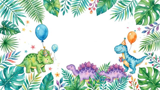 Watercolor dinosaur party frame with tropical leaves and balloons.