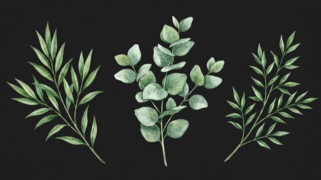 Watercolor eucalyptus and mixed green foliage set on black background.