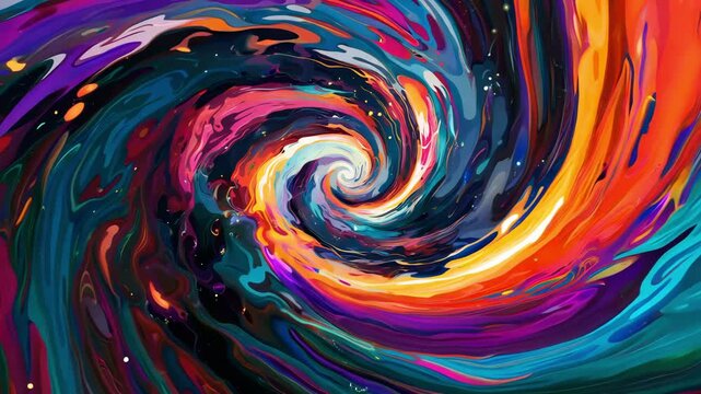 Vivid multicolor paint swirl spinning into vortex, dynamic rainbow fluid art