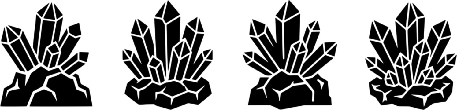 Crystal cluster icon set in a flat black silhouette style including mineral, gemstone, druse and geological rock formations.