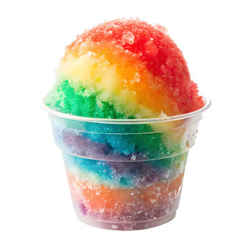 Rainbow Shaved Ice Snow Cone in Plastic Cup Isolated on Solid White Background