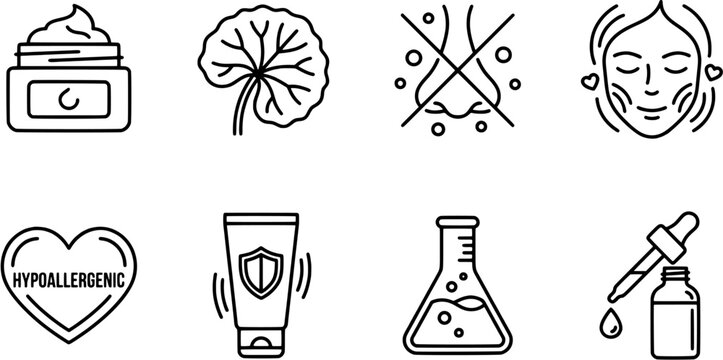 Skincare icon set in a linear style including cream, natural ingredient, fragrance-free, facial care, hypoallergenic, protection, laboratory test and serum.