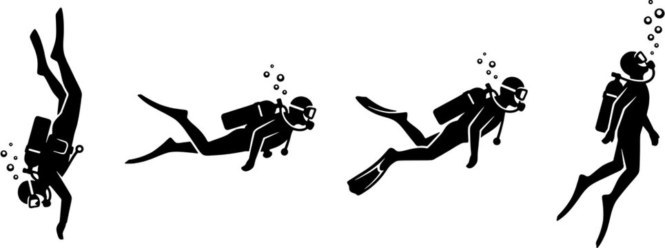 Scuba diver icon set in a flat black silhouette style including divers swimming, descending and ascending with underwater gear.