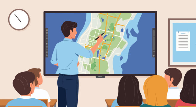 A male instructor explains urban navigation routes to his attentive group of learners while gesturing toward a large interactive display screen inside a brightly lit academic classroom setting