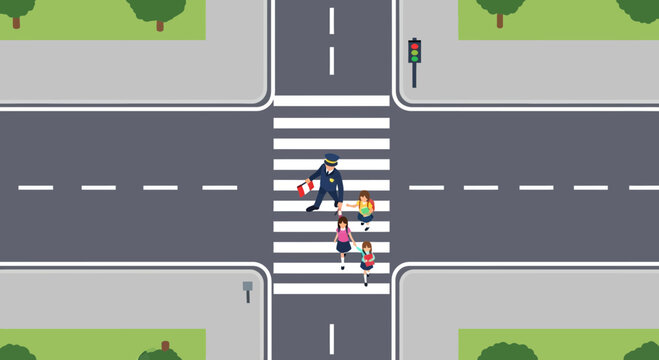 A diligent crossing guard helps a group of students walk safely across the urban roadway markings while cars wait patiently for the school children to reach the sidewalk on the opposite street