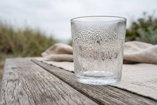 An empty cold drinking glass covered with condensation water droplets sitting on a rustic wooden table outdoors