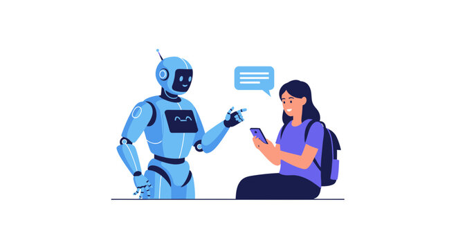 A blue mechanical humanoid engages in an interactive conversation with a female student who looks at her mobile phone to receive guidance from the advanced artificial intelligence assistant