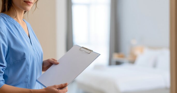 Healthcare worker holding clipboard in hospital