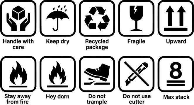 Shipping and handling icon set in a flat black silhouette style including fragile, keep dry, handle with care, stack limit and warning symbols.