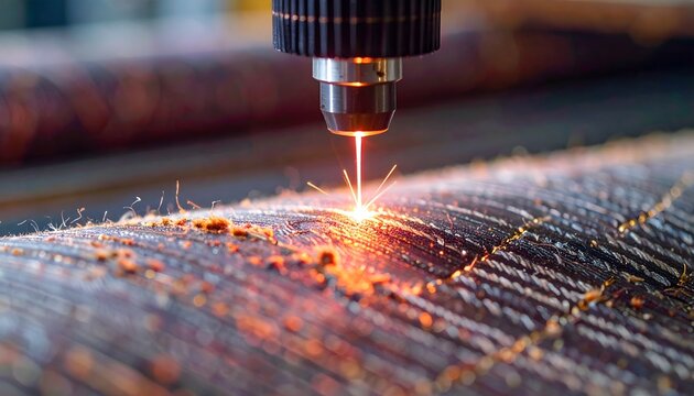 Industrial CNC laser cutting head precision processing fabric and textile material in modern garment manufacturing factory