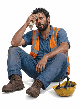 Exhausted construction worker resting. Tired manual laborer wiping sweat after hard work.