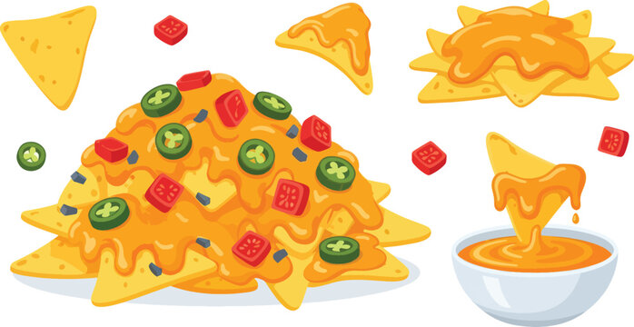 A pile of nachos overflows with melted cheese, red jalape&ntilde;o slices, and tortilla chips.