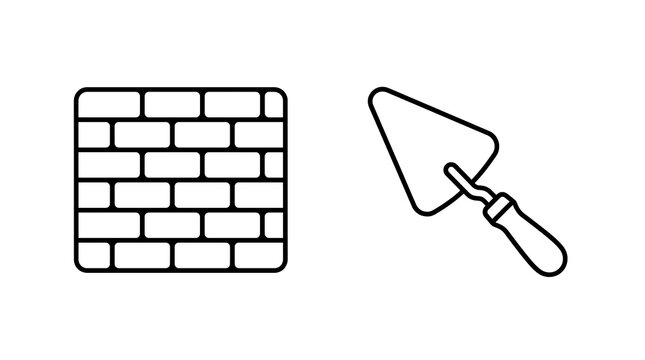 Brick wall and trowel icons. Construction tools isolated on transparent background