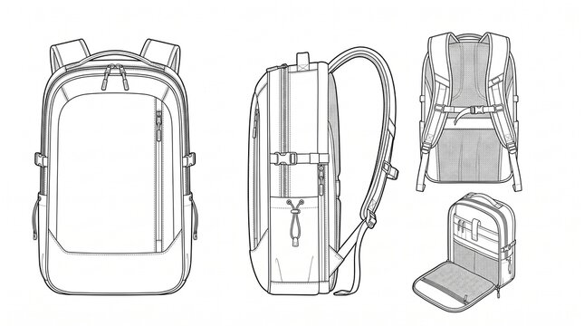 Modern Laptop Backpack Technical Flat Sketch Template Set - Front, Side, Back, and Open Interior Views