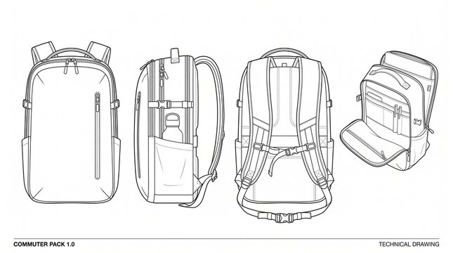 Backpack Technical Drawing Template for Commuter Bag Design with Front Side Back and Internal Organization Views