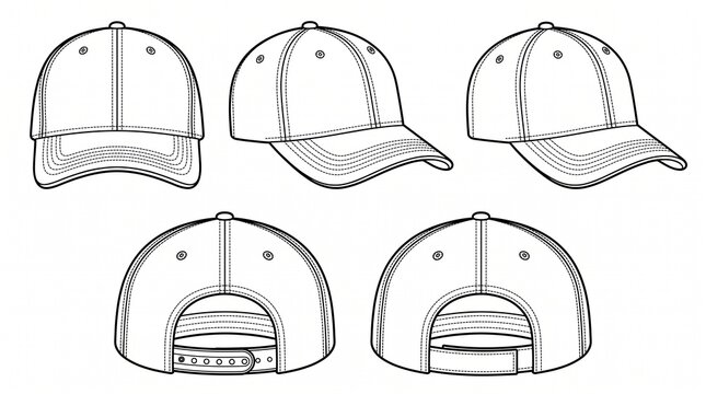 Baseball Cap Vector Template Set with Front, Side, and Back Views for Fashion Design Mockup