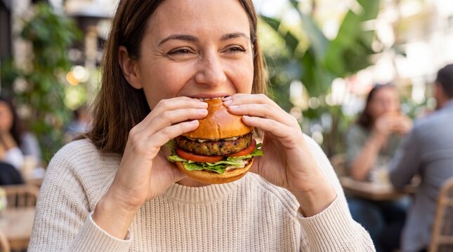 Woman enjoying plant-based burger outdoors in a casual cafe setting  