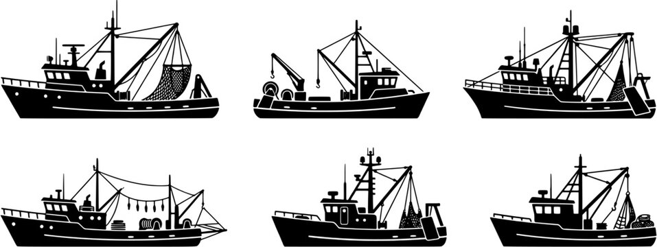 Fishing boat icon set in a flat black silhouette style including various trawler and commercial vessel designs for maritime industry themes.