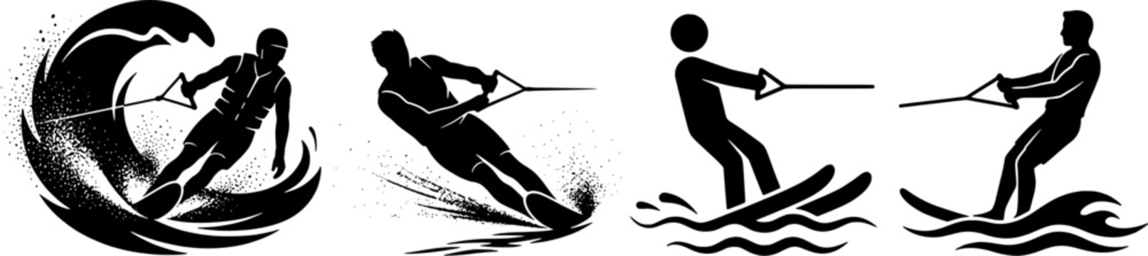 Water skiing and wakeboarding icon set in a black silhouette style including water sports, extreme sports, surfing and boating activities.