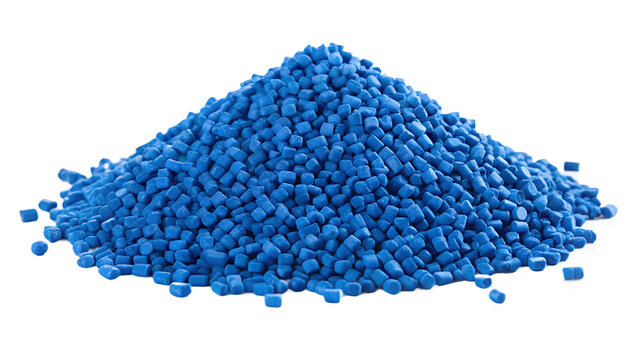 Blue Plastic Granules Pile Polymeric Pellets Isolated on Solid White Background