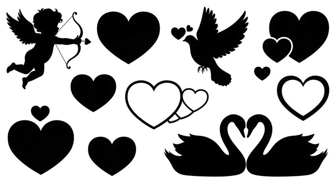 Valentine day silhouettes featuring cupid hearts and swans